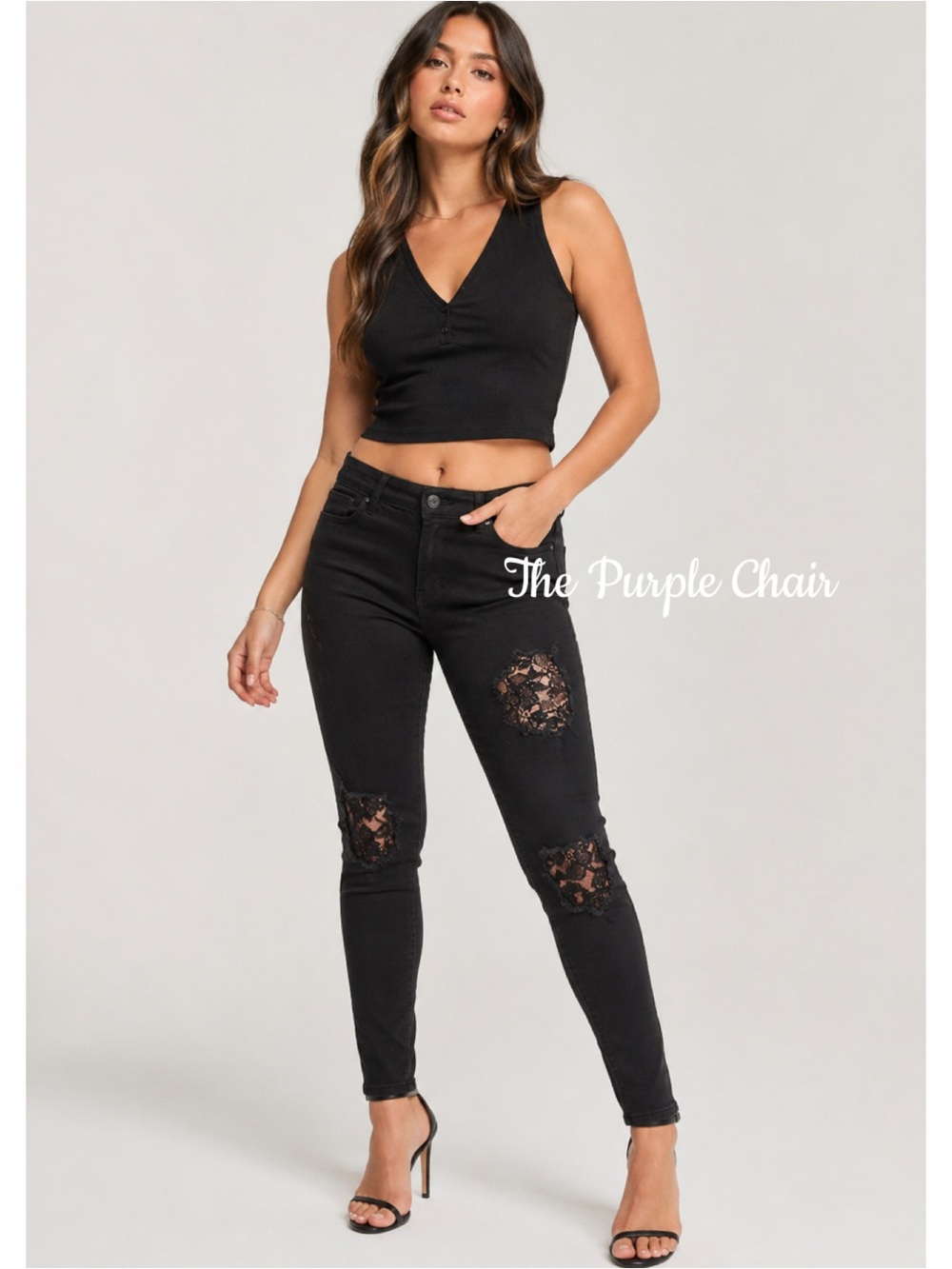 GUESS NWT Black Distressed Lace Patch Skinny Jeans 29